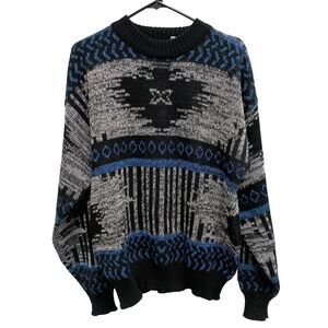VTG 80s Sostanza Fashion Police Sweater Mens XL Blue Black Abstract Pullover